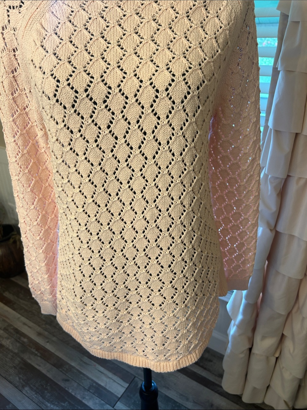 LOFT Pale Pink Open-Knit Crewneck Sweater